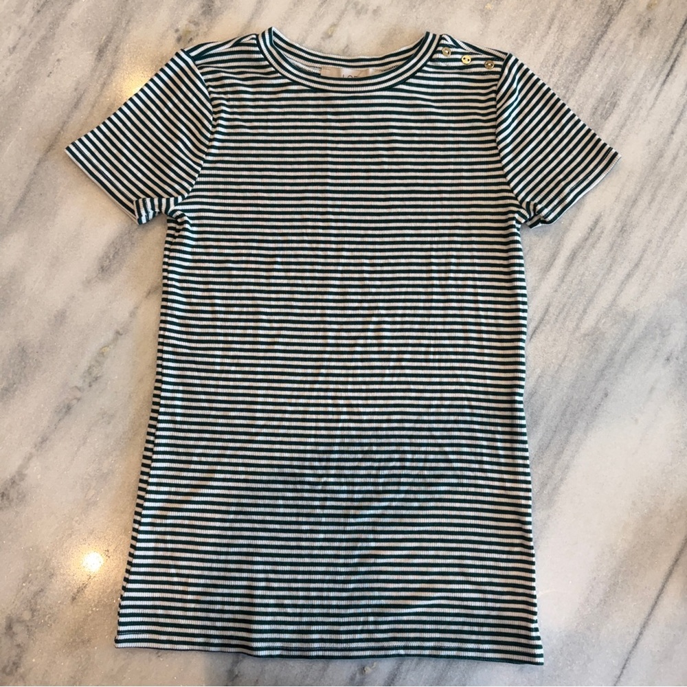 J. Crew Green & White Striped Ribbed Crewneck Tee Gold Button Detail XS